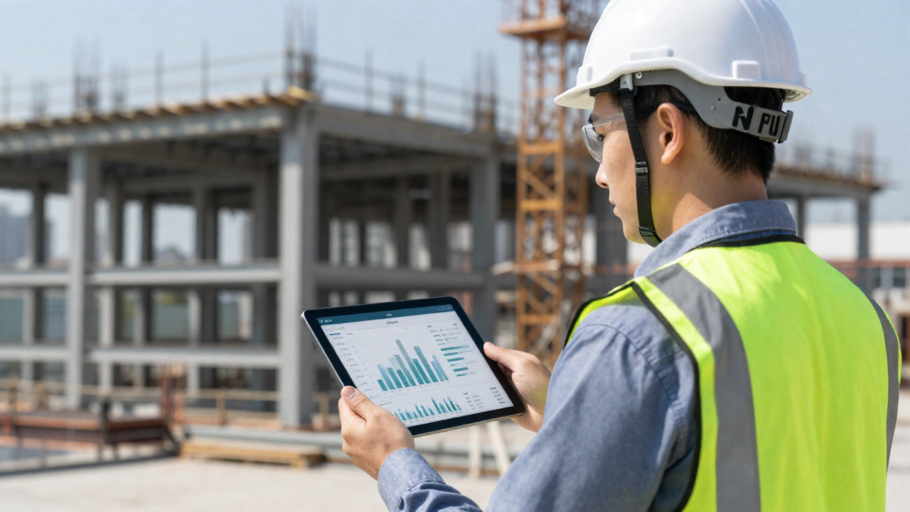 Profissional de obra com EPI acompanhando o dashboard da incorporação no tablet